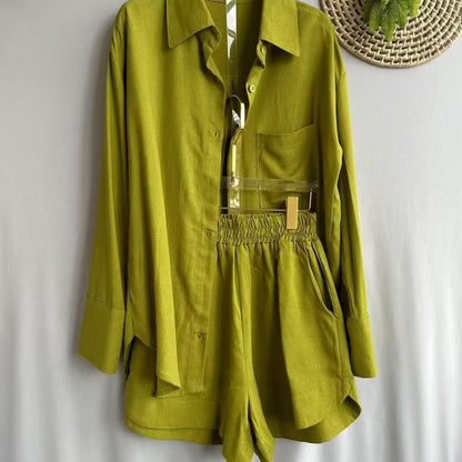 Conjunto Feminino Linho Camisa Manga Longa e Shorts Cintura Elástica Casual