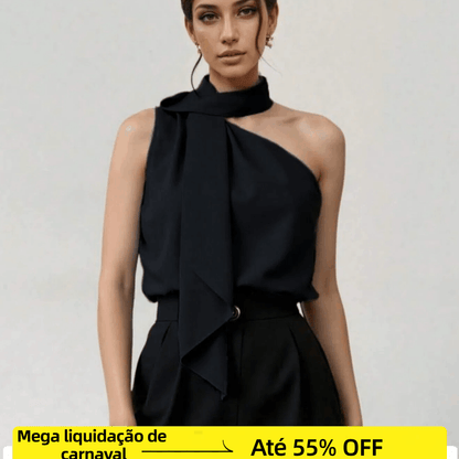 Blusa Feminina Ombro Único com Laço Ajustável Cetim Elegante Festa