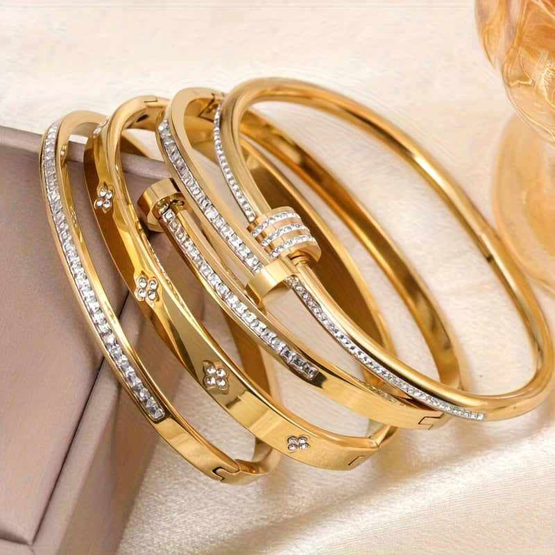 Kit 4 Pulseiras Femininas Elegantes Aço Inoxidável Zircônia Banho Ouro 18K Resistente Água