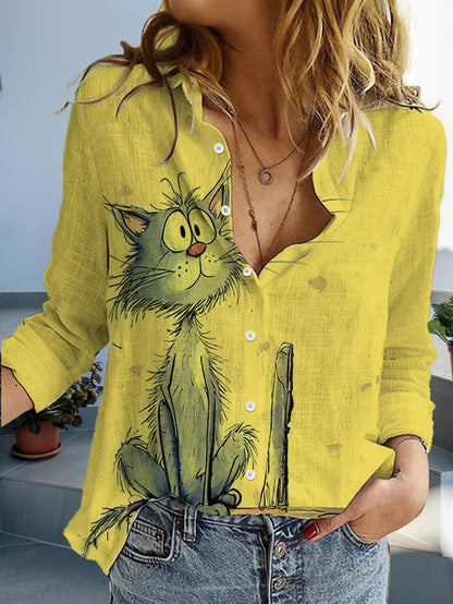 Camisa Feminina Manga Longa Estampa Gato Cinza Casual Oversized
