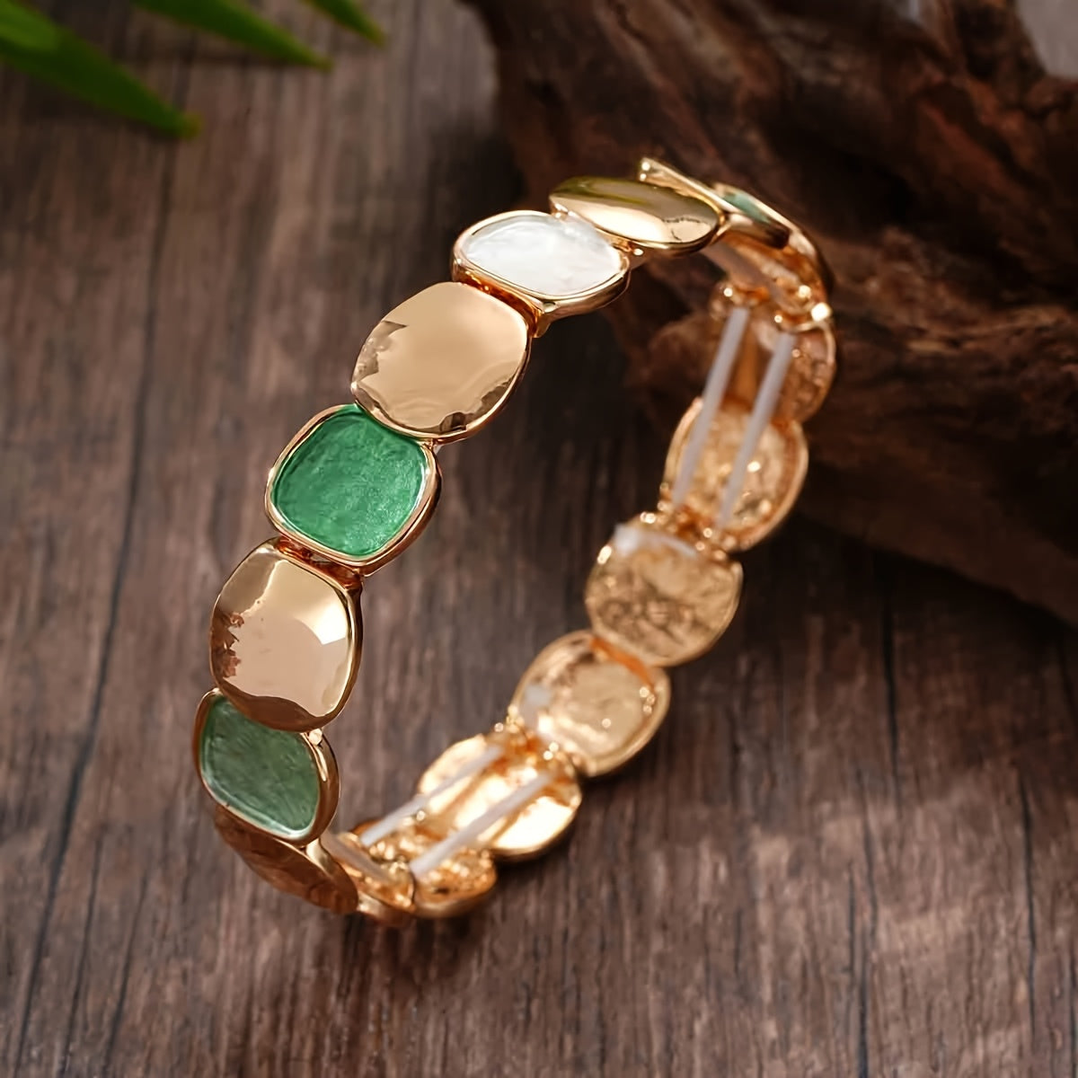 Pulseira Unissex Vintage Elegante Liga Zinco Dourada Elástica Quadrado Irregular