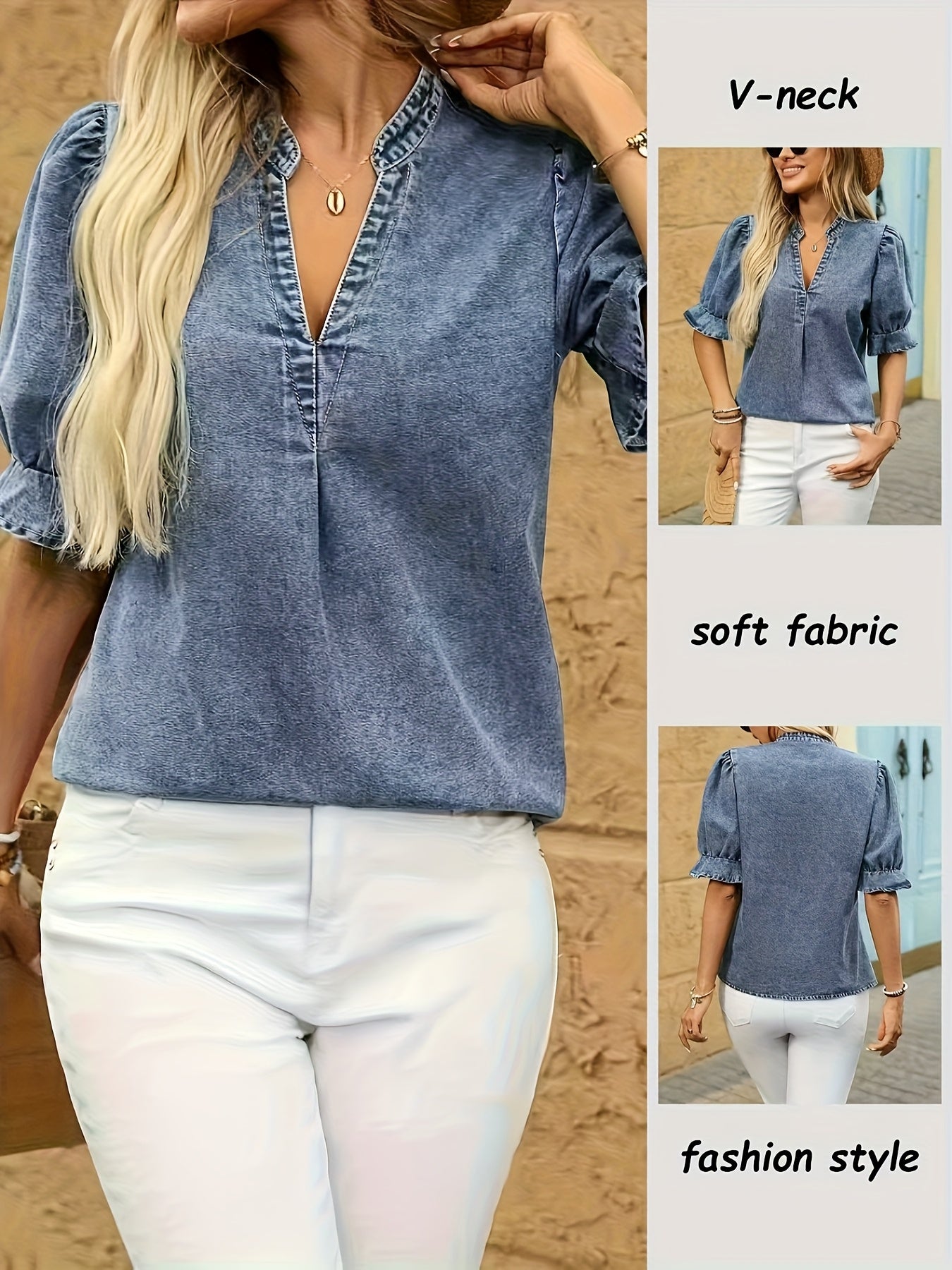 Blusa Jeans Feminina Decote V com Manga Bufante e Babado Romântica