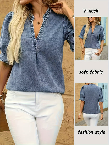 Blusa Jeans Feminina Decote V com Manga Bufante e Babado Romântica