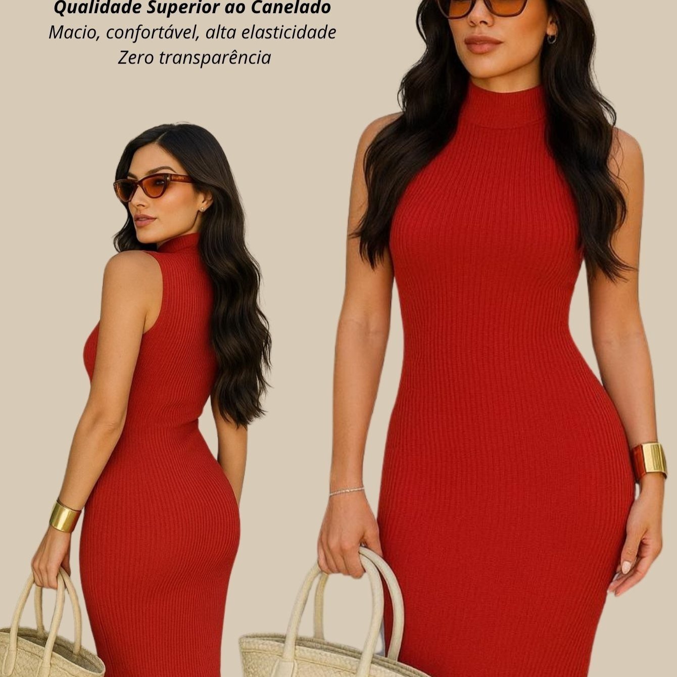 Vestido Midi Tubinho Gola Alta Sem Mangas Canelado Elegante