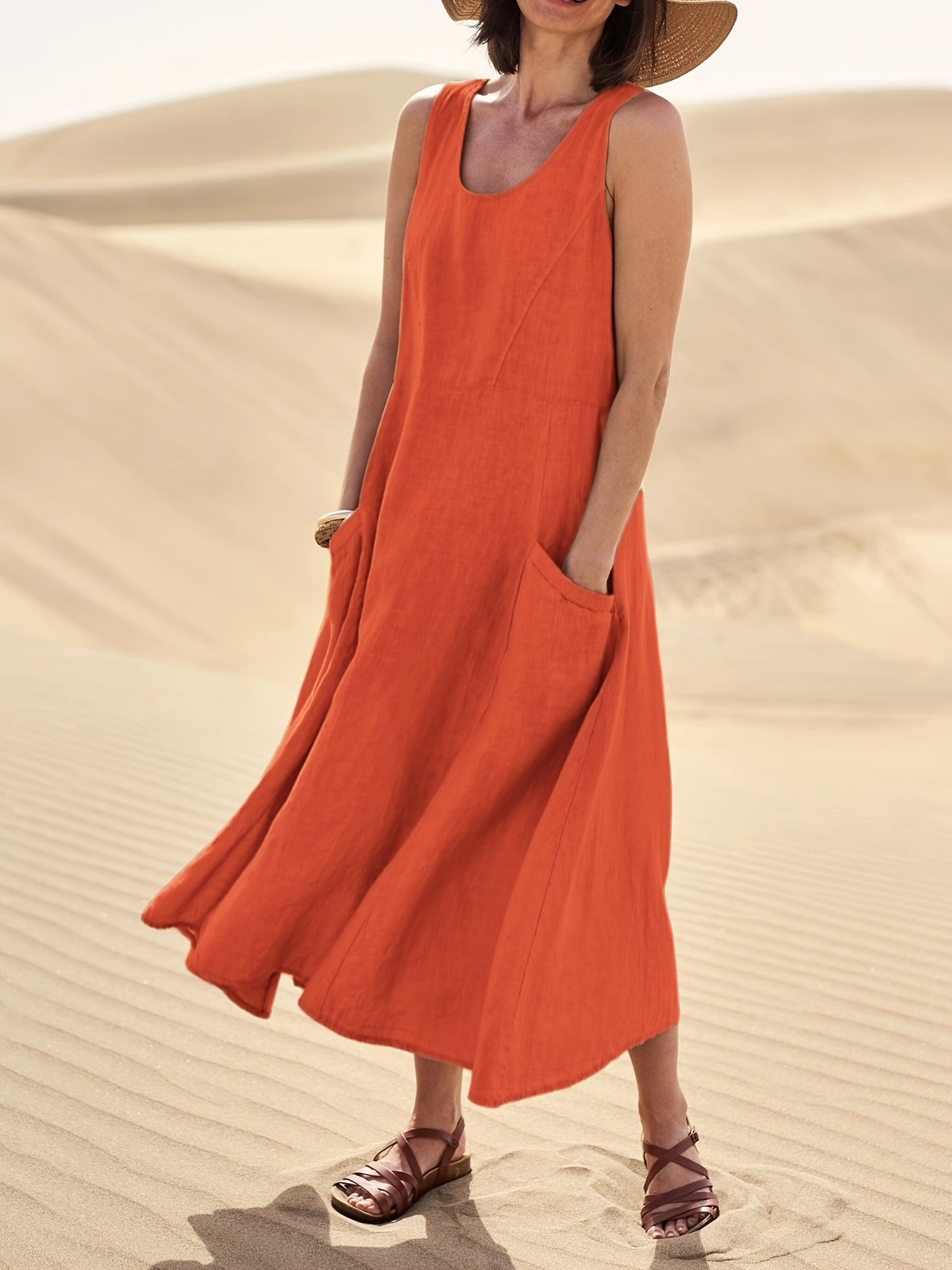 Vestido Longo Linho Casual com Bolsos Decote Redondo Sem Mangas