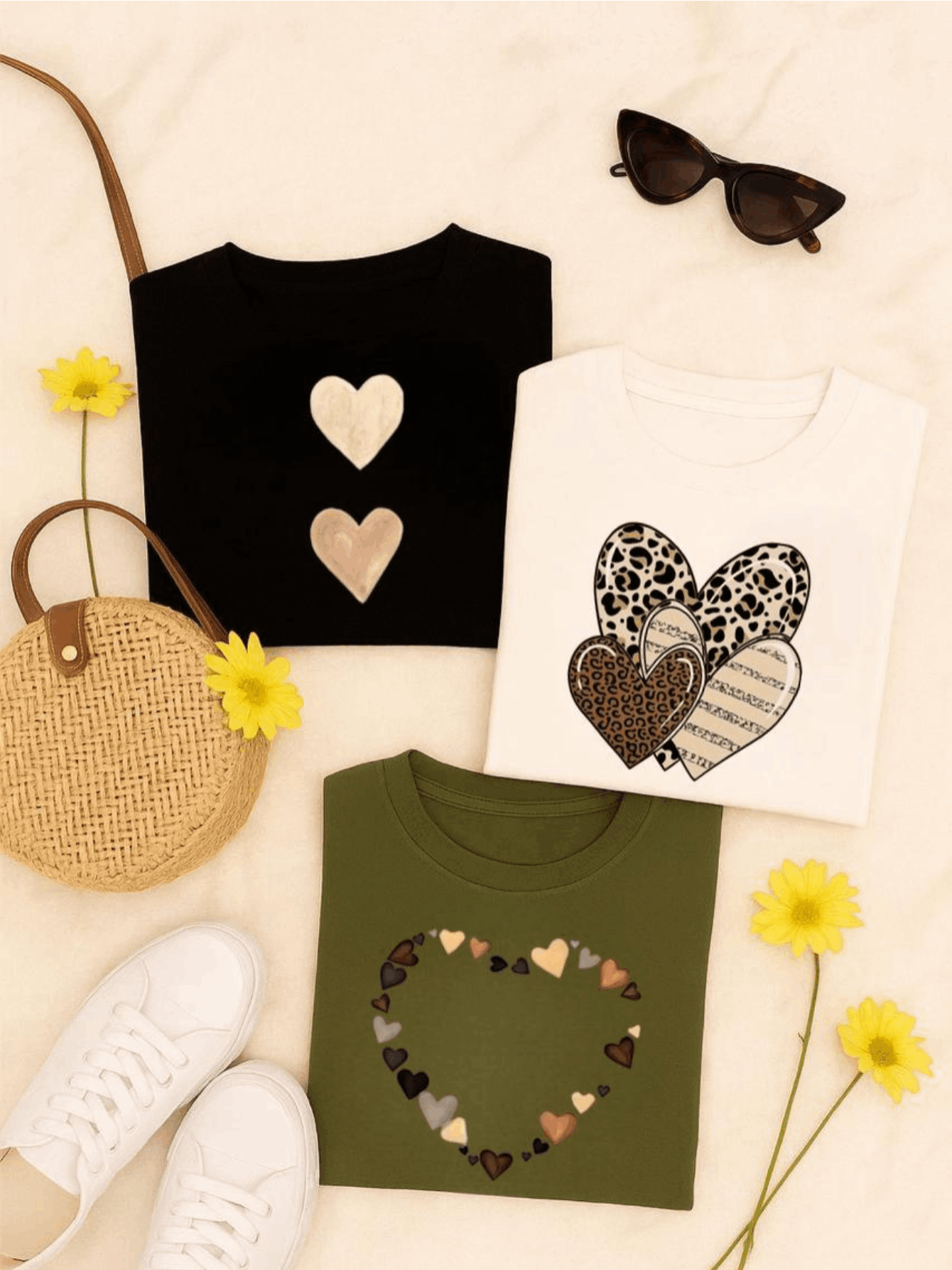 Camiseta Feminina Algodão com Estampa Coração Camuflado Casual