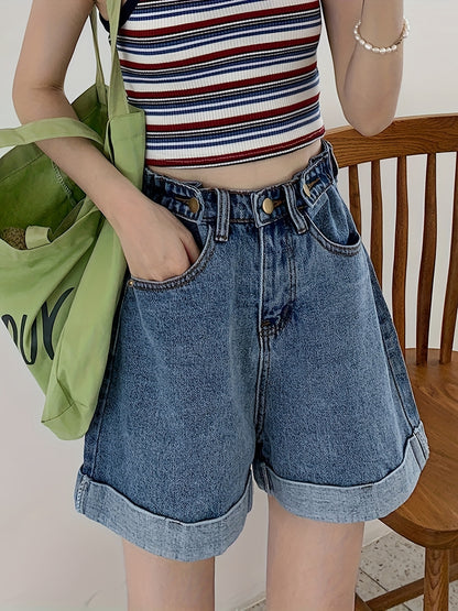 Shorts Jeans Feminino Cintura Alta Perna Larga com Barra Dobrada Casual