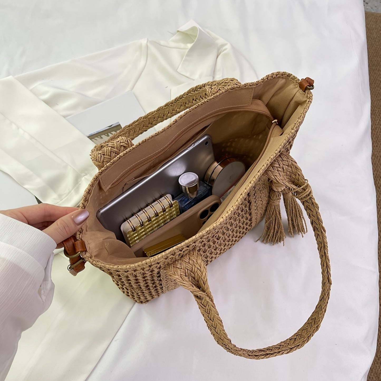 Bolsa de Praia Feminina Palha Sintética Alça Ajustável Removível Verão