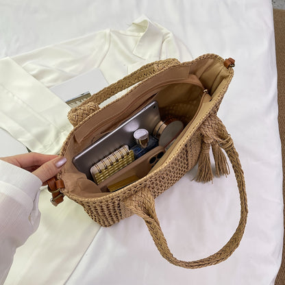 Bolsa de Praia Feminina Palha Sintética Alça Ajustável Removível Verão