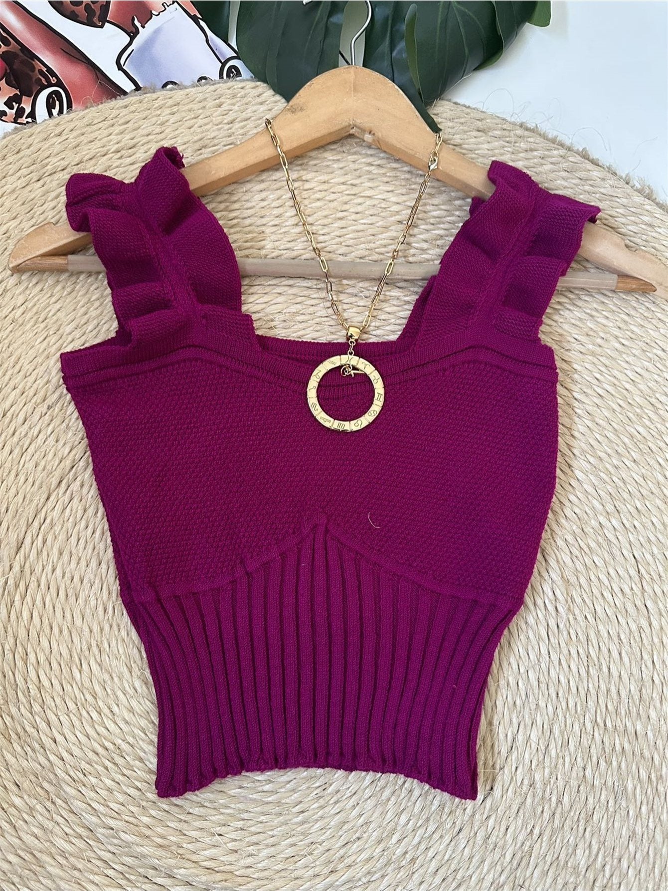 Top Cropped Tricot Feminino com Babados nas Alças Canelado Elegante