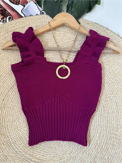 Top Cropped Tricot Feminino com Babados nas Alças Canelado Elegante