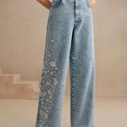 Calça Jeans Wide Leg Bordada com Elastano