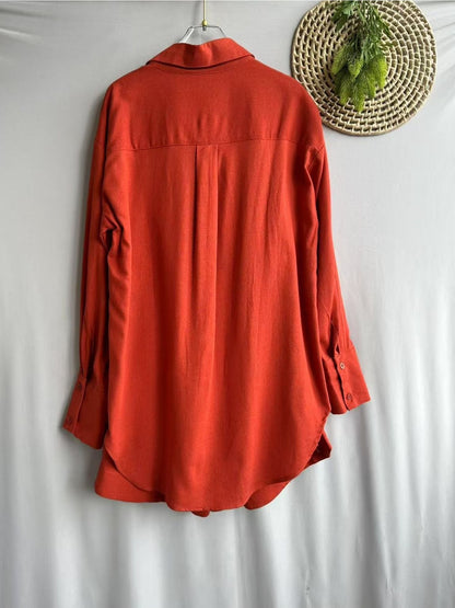 Conjunto Feminino Linho Camisa Manga Longa e Shorts Cintura Elástica Casual