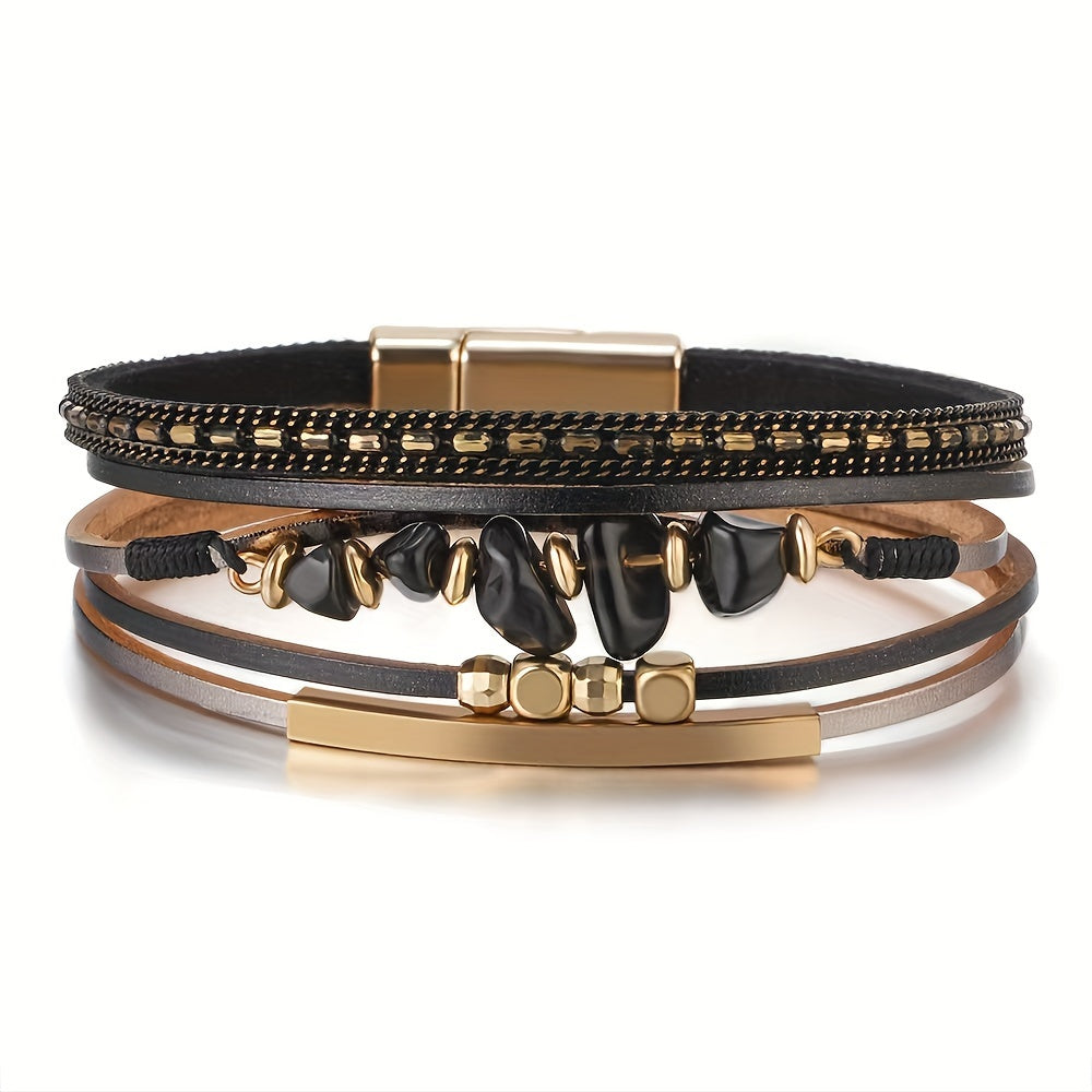 Pulseira Feminina Artesanal Turquesa Irregular Couro Fecho Magnético Boho