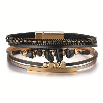 Pulseira Feminina Artesanal Turquesa Irregular Couro Fecho Magnético Boho