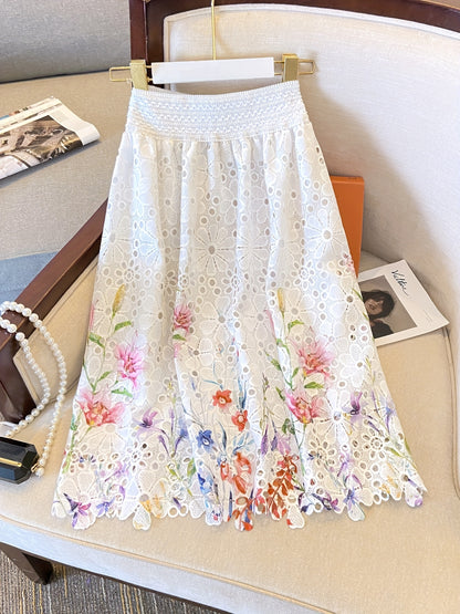 Saia Midi Godê Laise Bordado Floral Branca Romântica Elegante