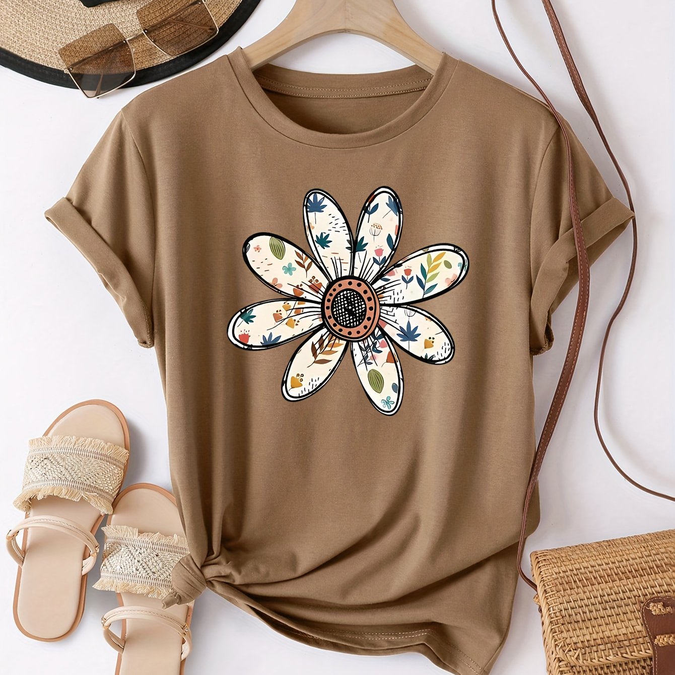 Camiseta Feminina Algodão Estampa Flor Margarida Casual Manga Curta
