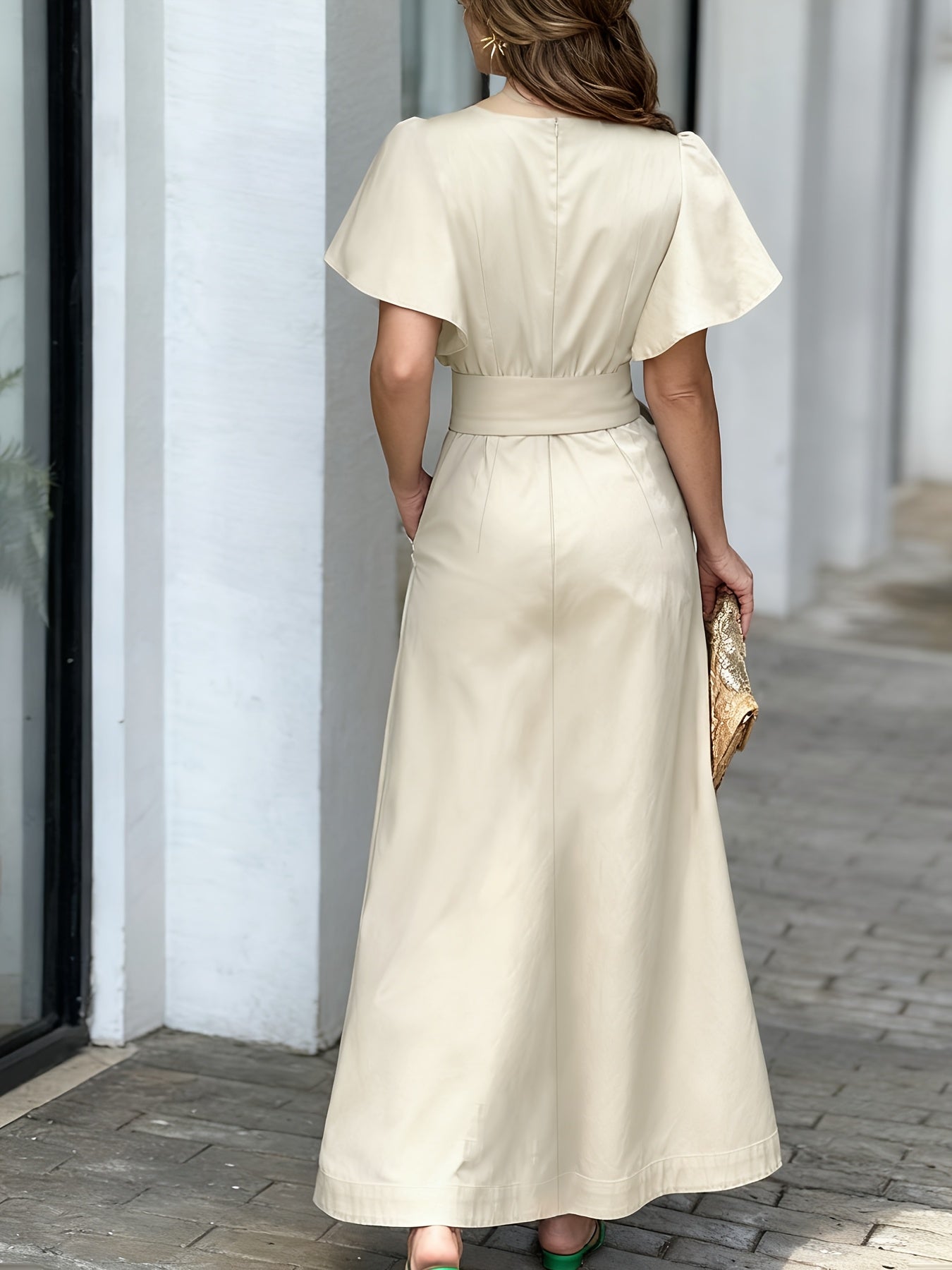 Vestido Comprido de Cor Sólida com Decote em V, Folhos, Cintura Ajustada e Bolsos