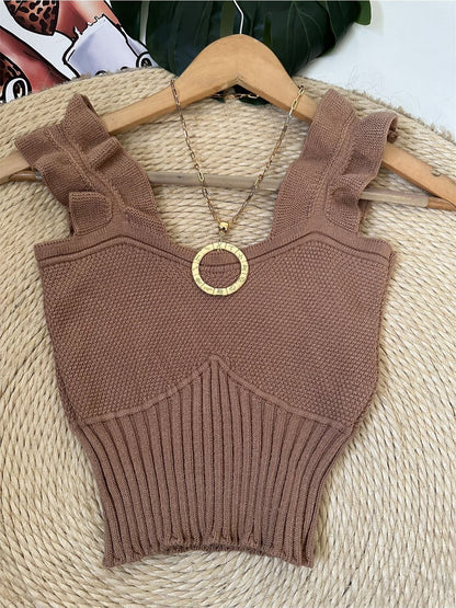 Top Cropped Tricot Feminino com Babados nas Alças Canelado Elegante