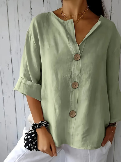 Blusa Feminina Linho Manga 3/4 com Botões Frontais Decote V Casual
