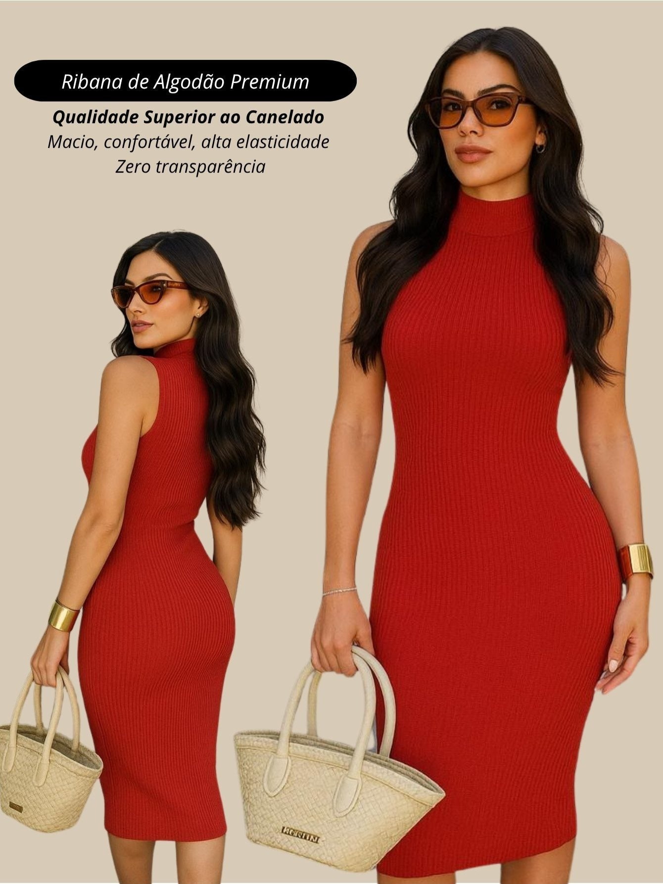 Vestido Midi Tubinho Gola Alta Sem Mangas Canelado Elegante