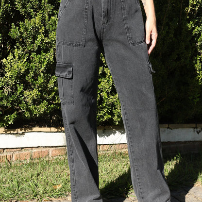 Calça Cargo Feminina Pantalona com Bolsos Laterais e Zíper