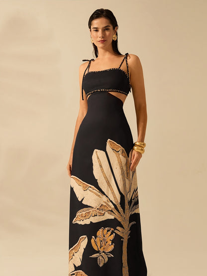 Vestido Longo Estampa Tropical Palmeira com Recorte Vazado e Alças Ajustáveis