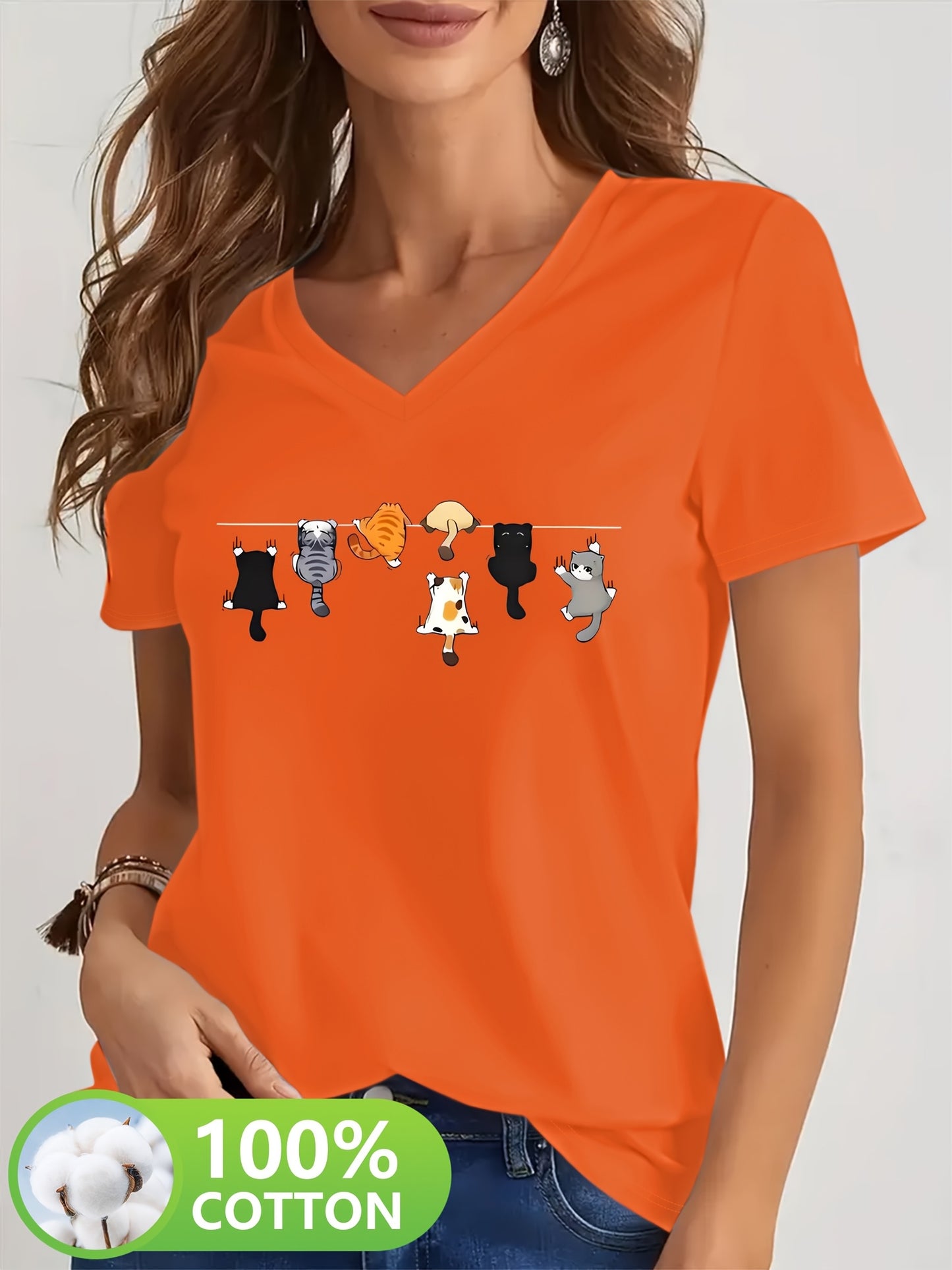 Camiseta Feminina Algodão Decote V Estampa Gatos Divertida Casual
