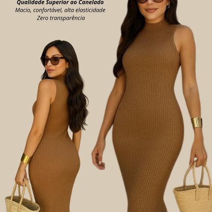 Vestido Midi Tubinho Gola Alta Sem Mangas Canelado Elegante