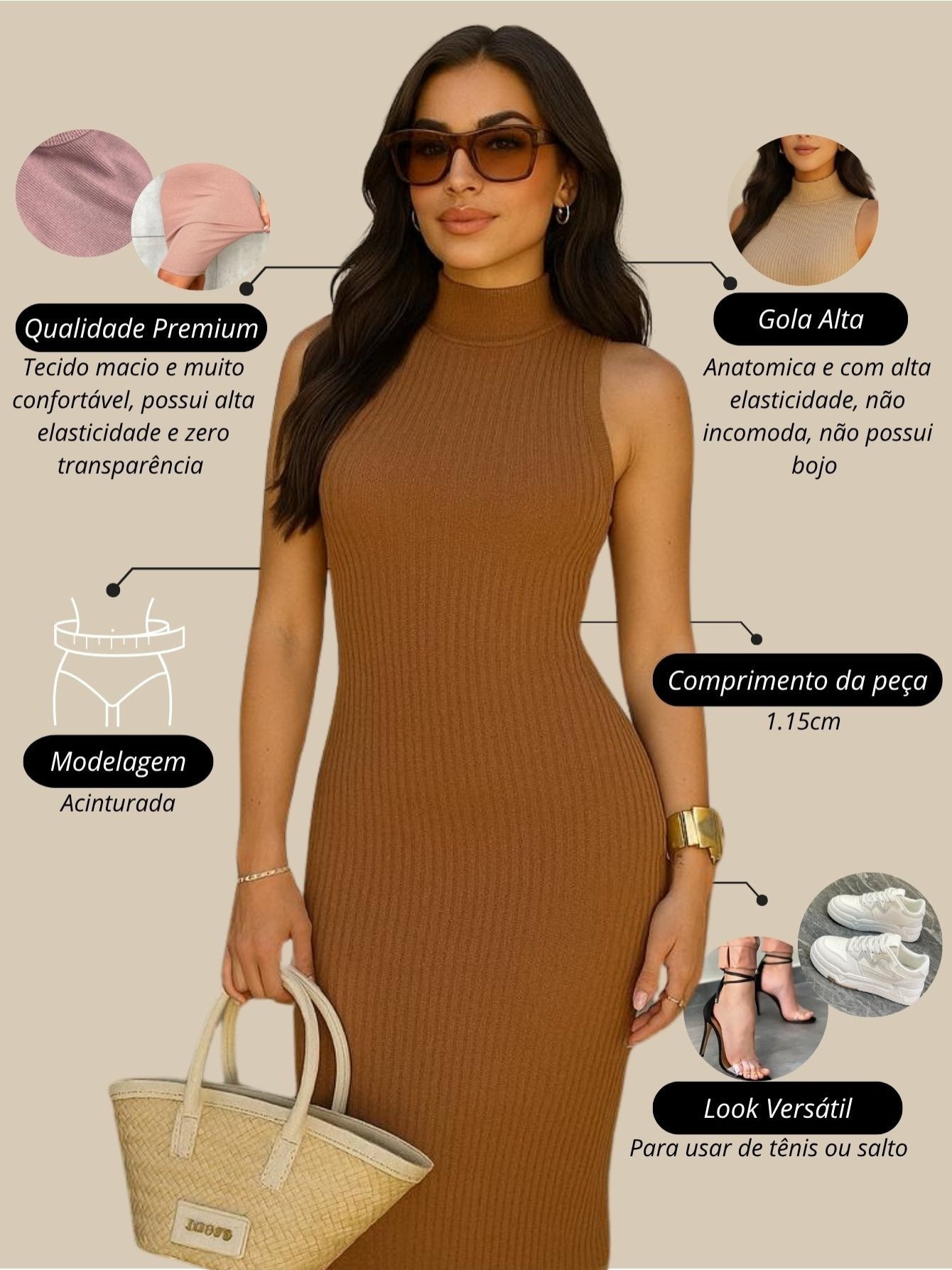 Vestido Midi Tubinho Gola Alta Sem Mangas Canelado Elegante