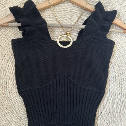 Top Cropped Tricot Feminino com Babados nas Alças Canelado Elegante