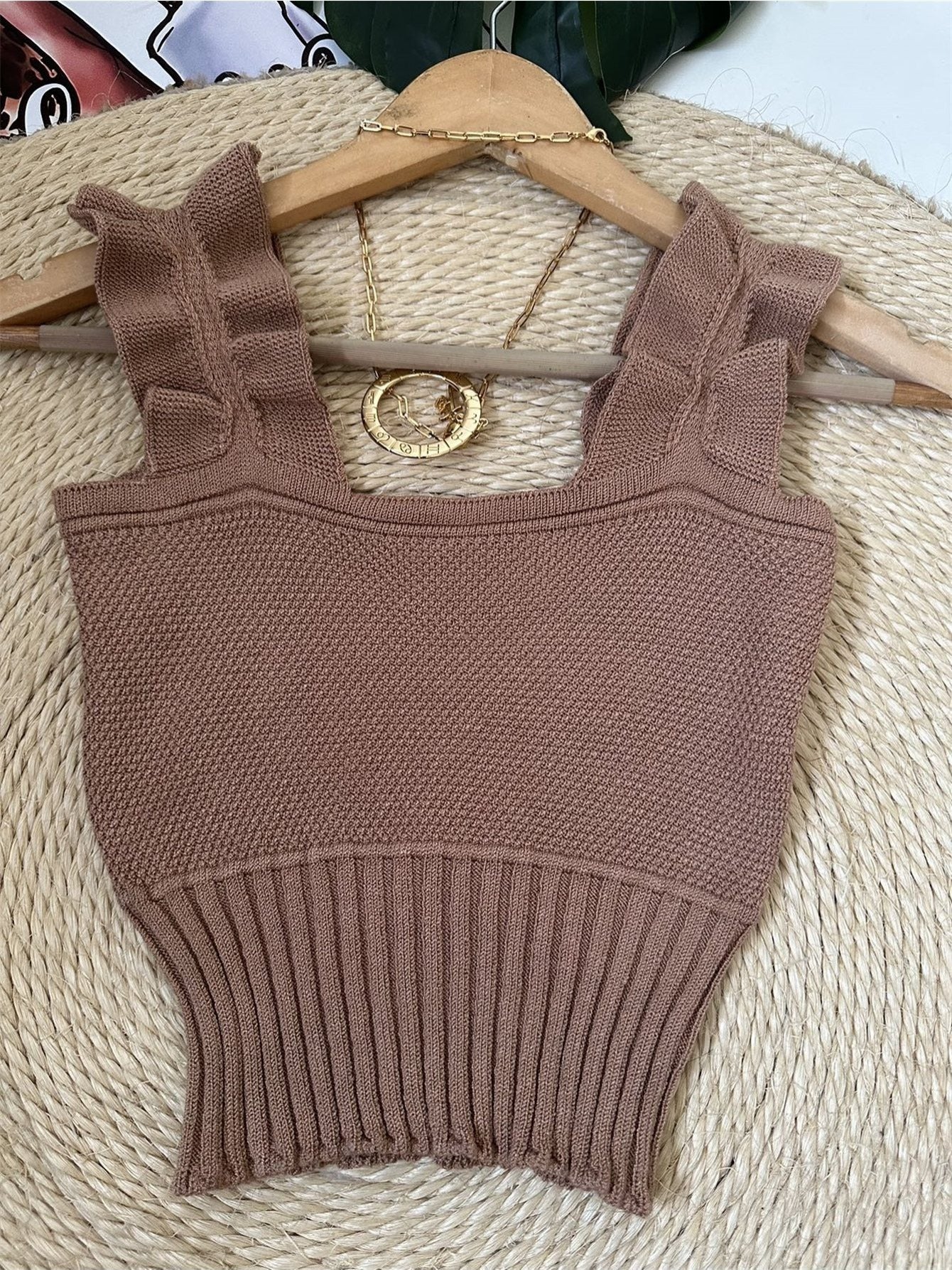 Top Cropped Tricot Feminino com Babados nas Alças Canelado Elegante