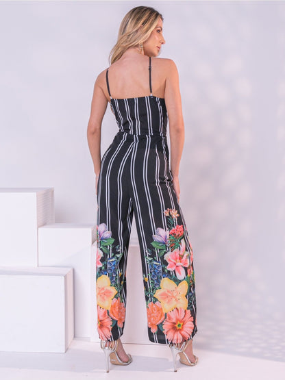 Macacão Feminino Listrado Floral Alça Única Perna Larga Elegante