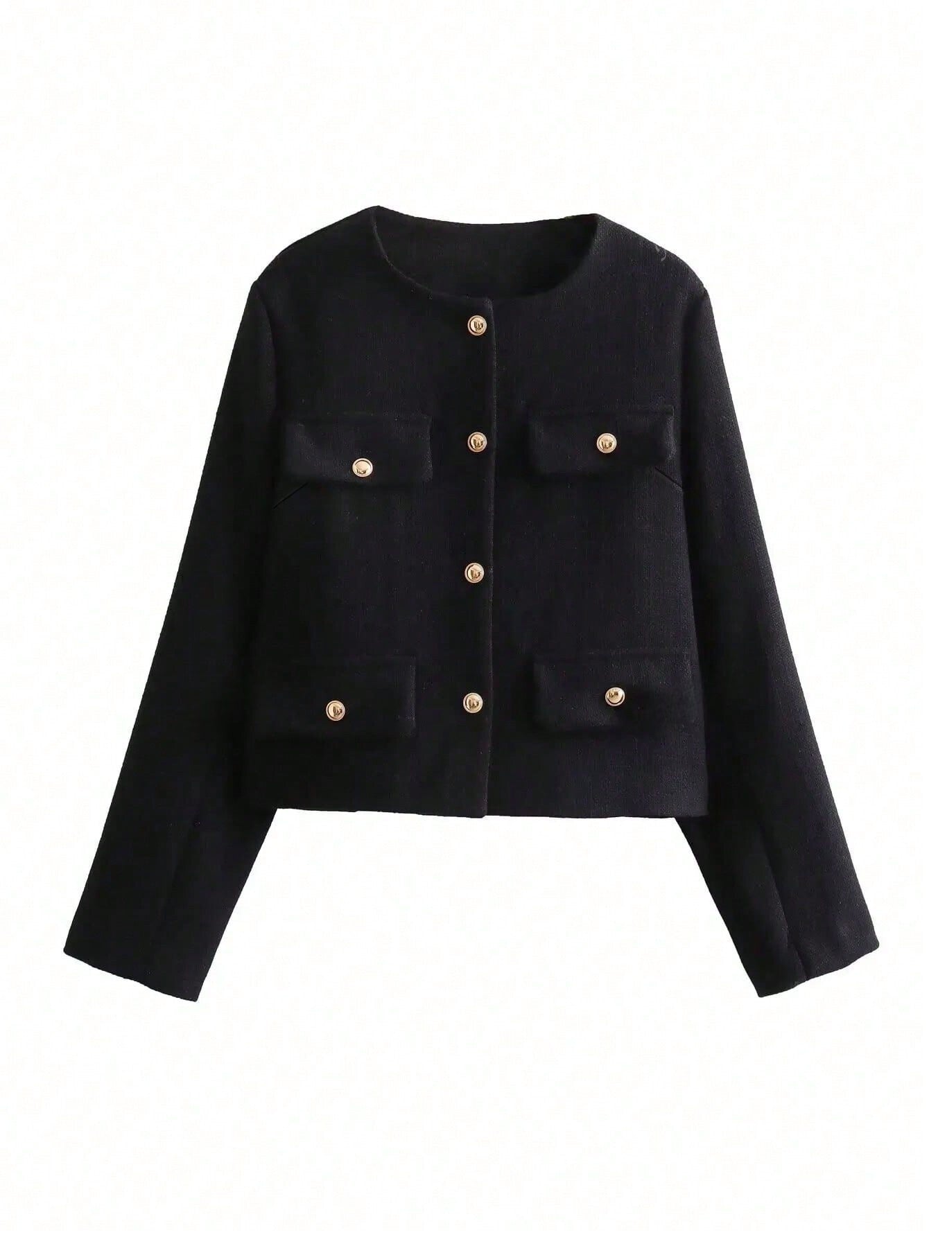 Blazer Feminino Alfaiataria Gola Redonda com Botões Dourados Executivo