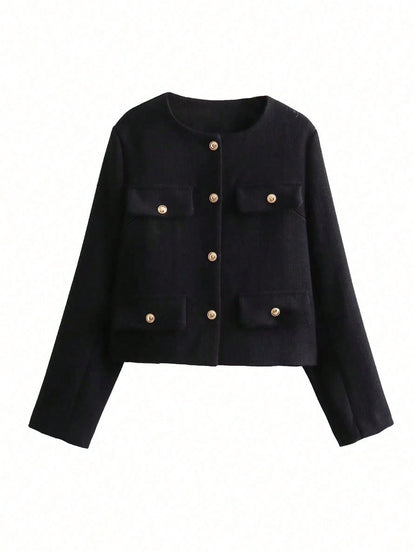 Blazer Feminino Alfaiataria Gola Redonda com Botões Dourados Executivo