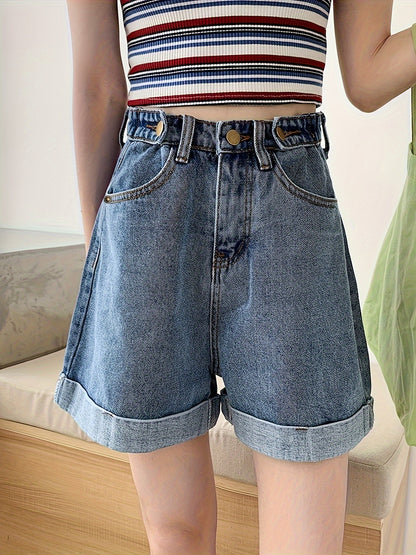Shorts Jeans Feminino Cintura Alta Perna Larga com Barra Dobrada Casual