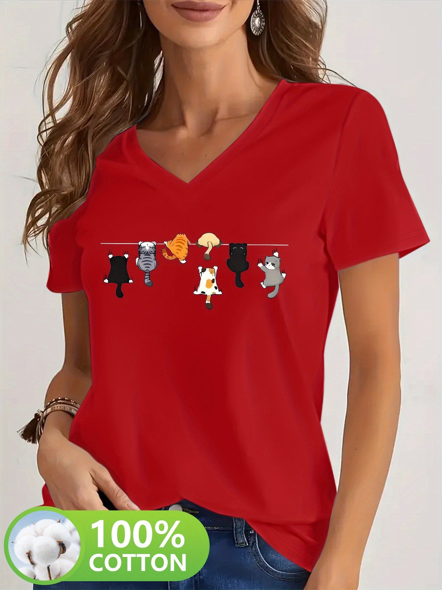 Camiseta Feminina Algodão Decote V Estampa Gatos Divertida Casual