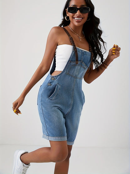 Jardineira Jeans Feminina Shorts com Alças Ajustáveis Casual Verão