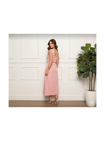 Conjunto Feminino Alfaiataria Top Cropped e Saia Midi com Fenda e Botões