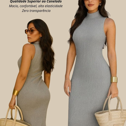 Vestido Midi Tubinho Gola Alta Sem Mangas Canelado Elegante