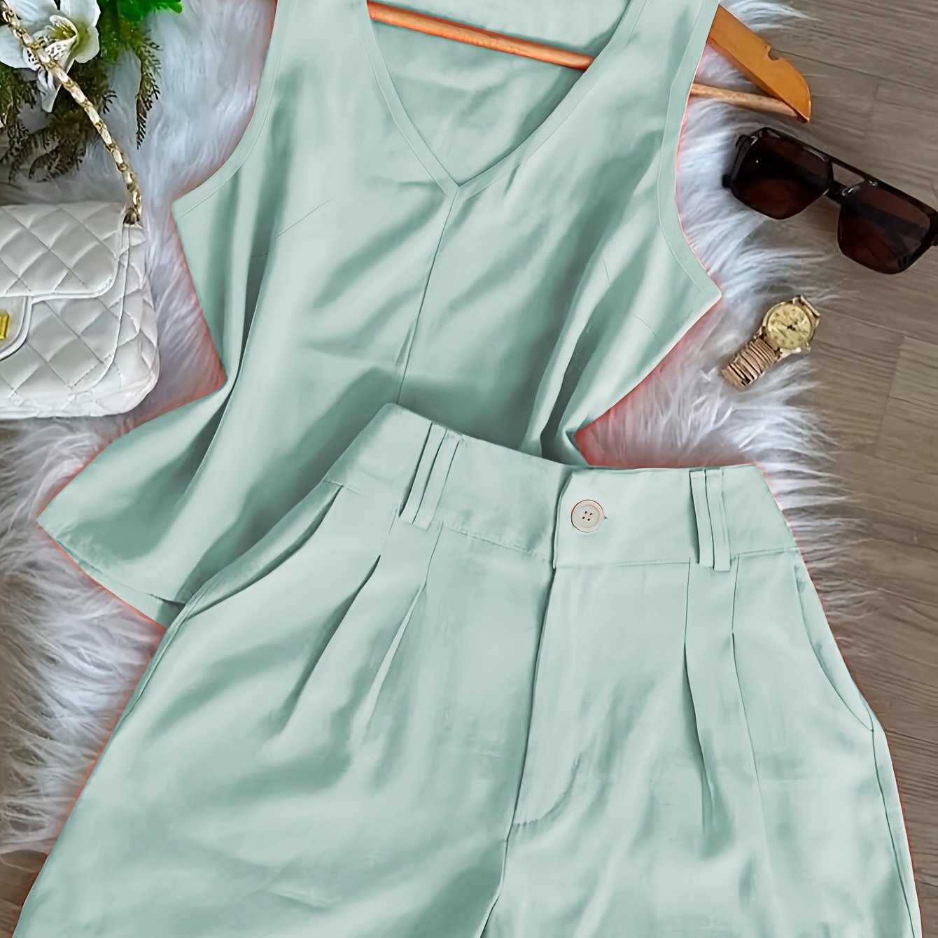 Conjunto Feminino Regata Decote V e Shorts Alfaiataria Casual Verão
