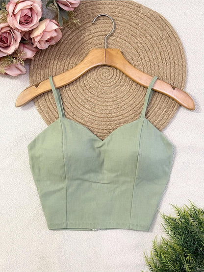 Top Cropped Feminino com Bojo e Zíper Frontal Alças Finas Moderno