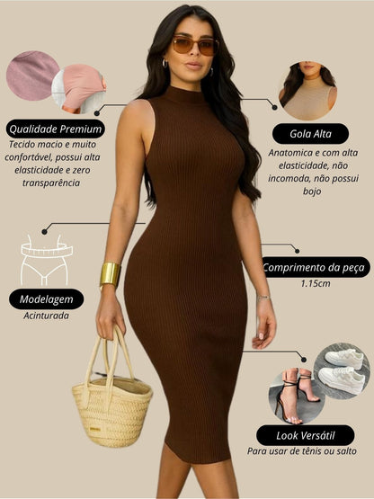 Vestido Midi Tubinho Gola Alta Sem Mangas Canelado Elegante