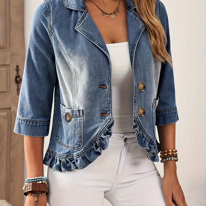 Jaqueta Jeans Feminina Manga 3/4 com Babados na Barra Casual Elegante