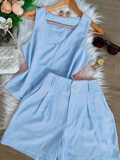 Conjunto Feminino Regata Decote V e Shorts Alfaiataria Casual Verão