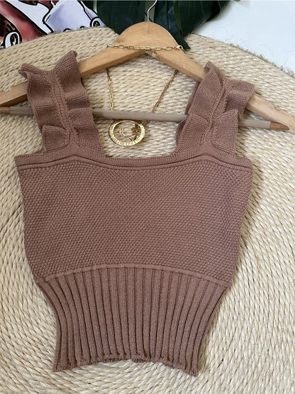 Top Cropped Tricot Feminino com Babados nas Alças Canelado Elegante
