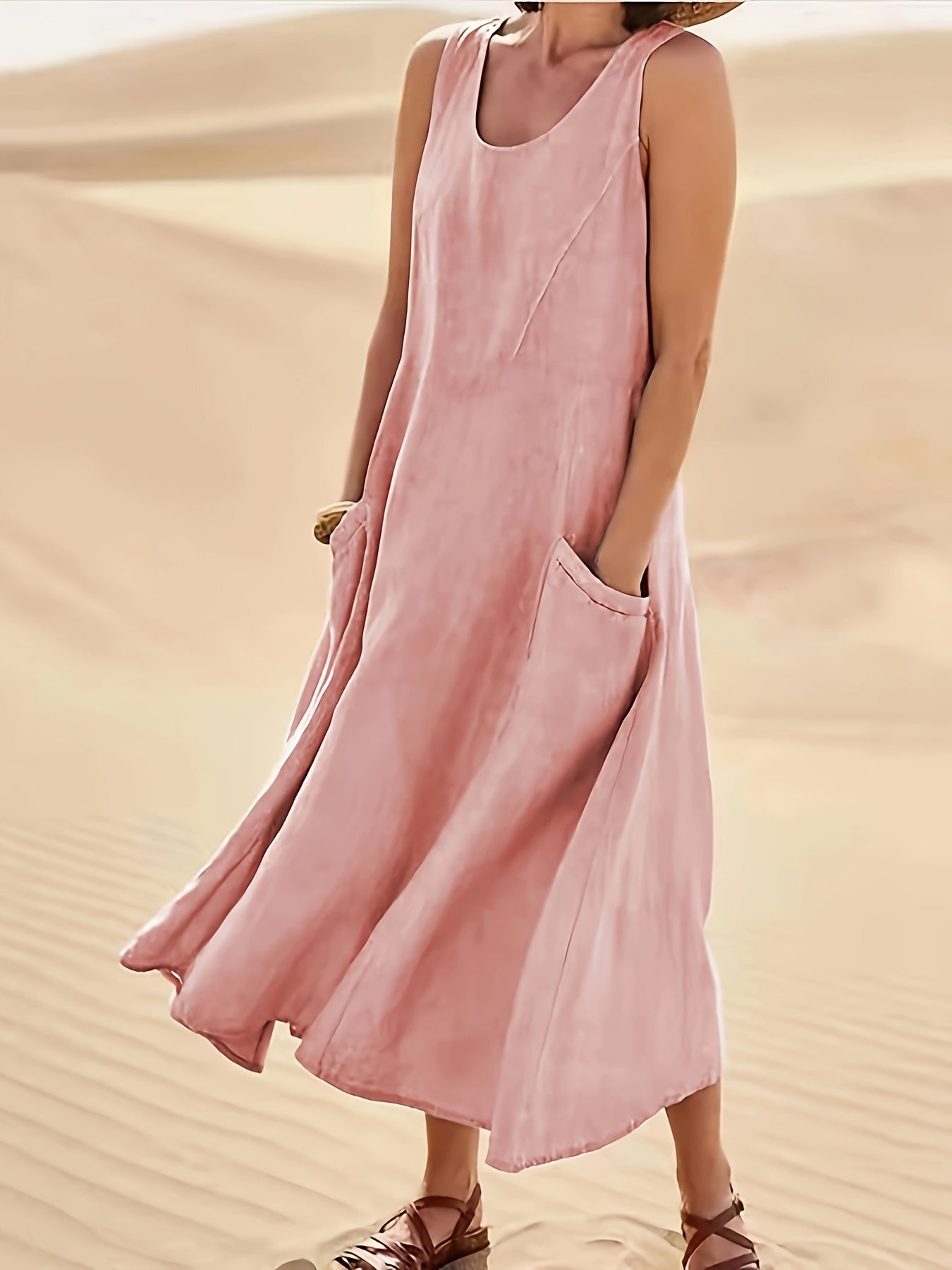 Vestido Longo Linho Casual com Bolsos Decote Redondo Sem Mangas