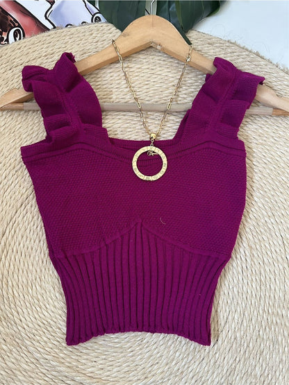 Top Cropped Tricot Feminino com Babados nas Alças Canelado Elegante