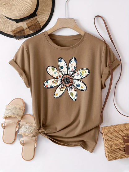 Camiseta Feminina Algodão Estampa Flor Margarida Casual Manga Curta