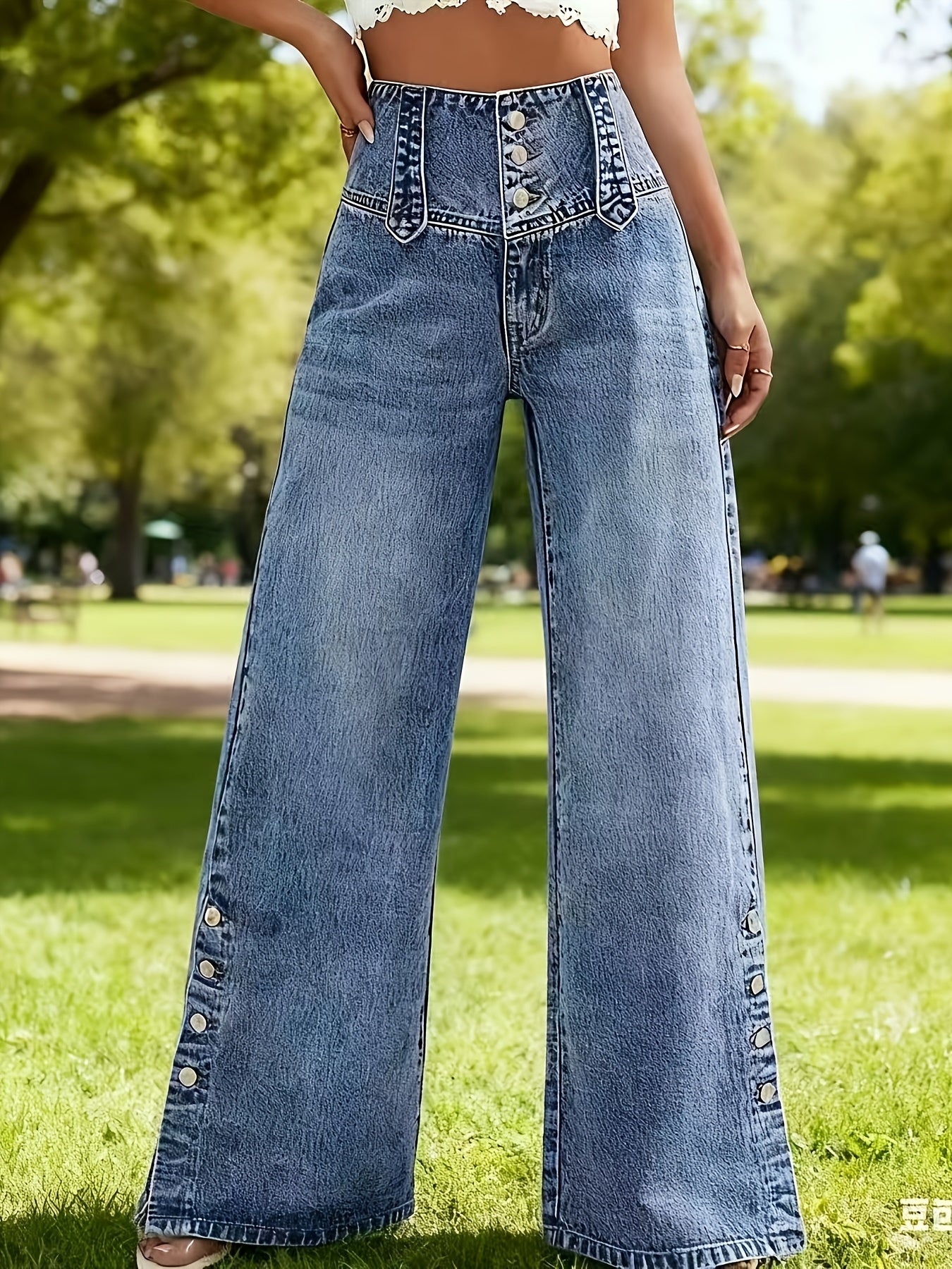 Calça Jeans Pantalona Vintage Cintura Alta com Botões Frontais